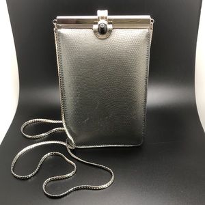 J. Tiras Vertical Evening Purse Pebbled  Look Leather Clasp w/ cabochon, Chain